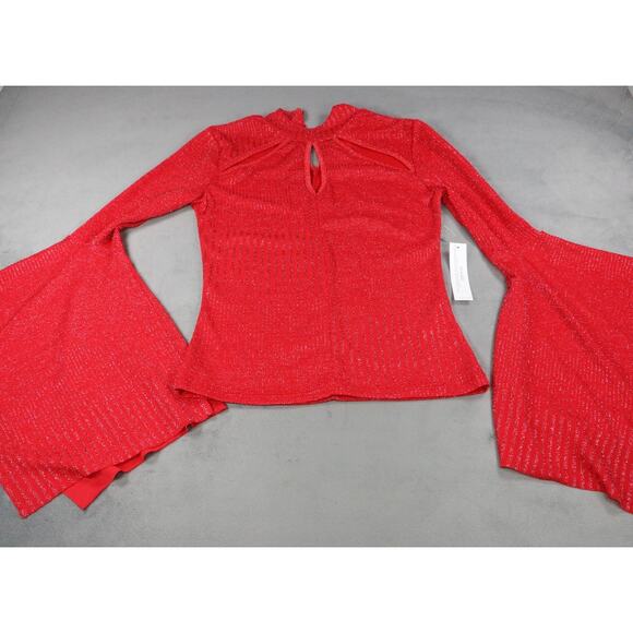 Womens Sparkle Knit Bell Sleeve Keyhole Mock Neck Party Club Venus Shirt XS Red - Picture 1 of 10